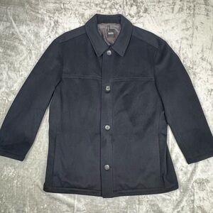 Hugo Boss Men's Chester Coat Black Wool Cashmere Button Up 42R Read Measurement